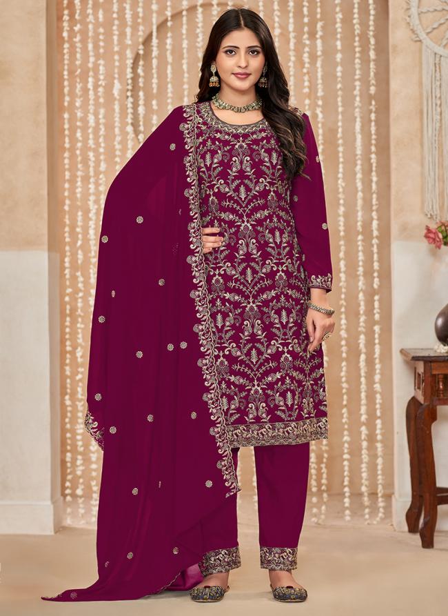 Faux Georgette Rani Pink Wedding Wear Embroidery Work Straight Suit